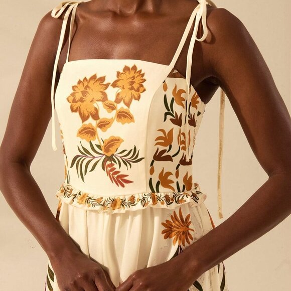 Multicolor Boho Women's Tropical Print Vacation Ruffle Wide Leg Jumpsuit - Picture 6 of 7